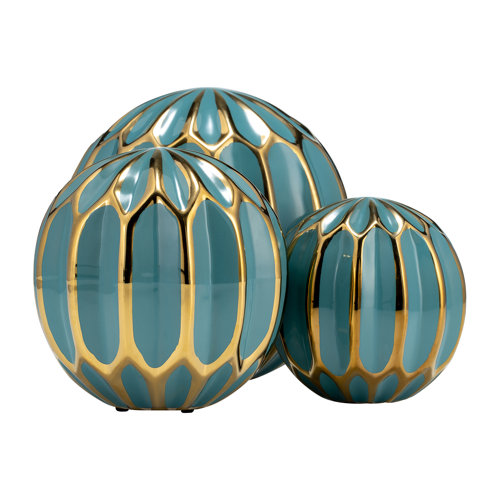 Mercer41 3 Piece Decorative Orbs Contemporary Turquoise/Gold Round